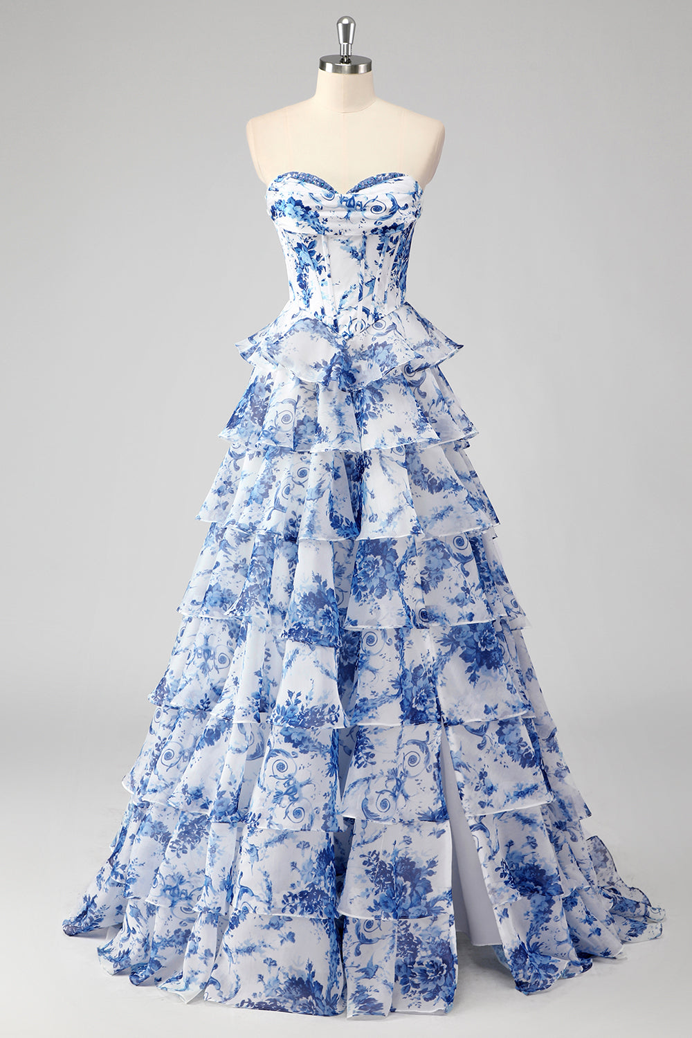 Sweetheart Sleeveless Floral Tiered Ruffle Chiffon A-Line Prom Dress Side Slit Floor Length
