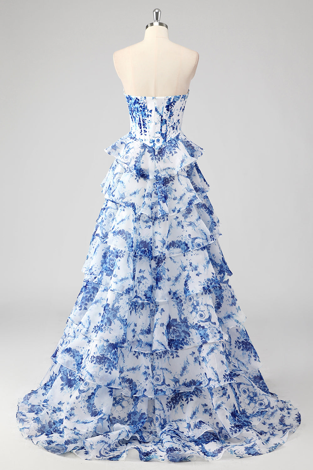 Sweetheart Sleeveless Floral Tiered Ruffle Chiffon A-Line Prom Dress Side Slit Floor Length