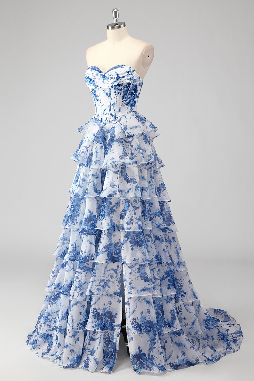 Sweetheart Sleeveless Floral Tiered Ruffle Chiffon A-Line Prom Dress Side Slit Floor Length