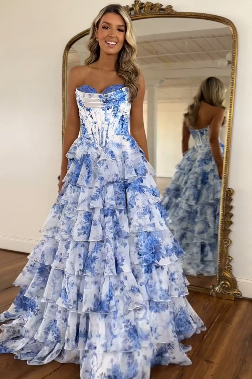 Sweetheart Sleeveless Floral Tiered Ruffle Chiffon A-Line Prom Dress Side Slit Floor Length