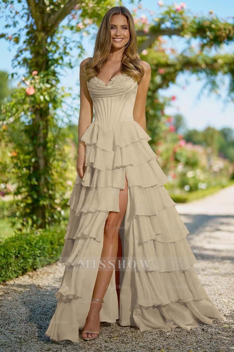 Sweetheart Sleeveless High Split Long Formal Dress With Appliques