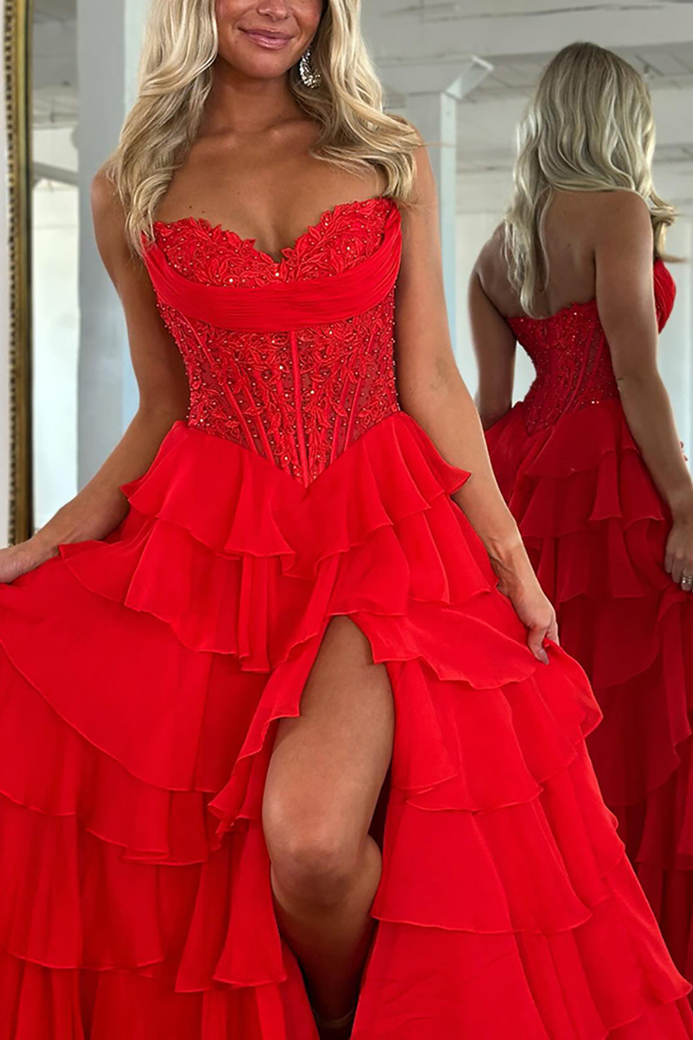 Sweetheart Sleeveless Lace Tiered Ruffle Chiffon A-Line Prom Dress Floor Length