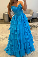 Sweetheart Sleeveless Lace Tiered Ruffle Chiffon A-Line Prom Dress Floor Length