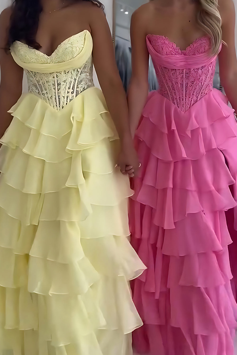 Sweetheart Sleeveless Lace Tiered Ruffle Chiffon A-Line Prom Dress Floor Length