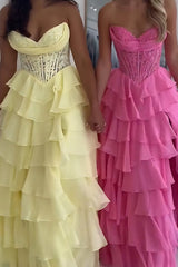 Sweetheart Sleeveless Lace Tiered Ruffle Chiffon A-Line Prom Dress Floor Length