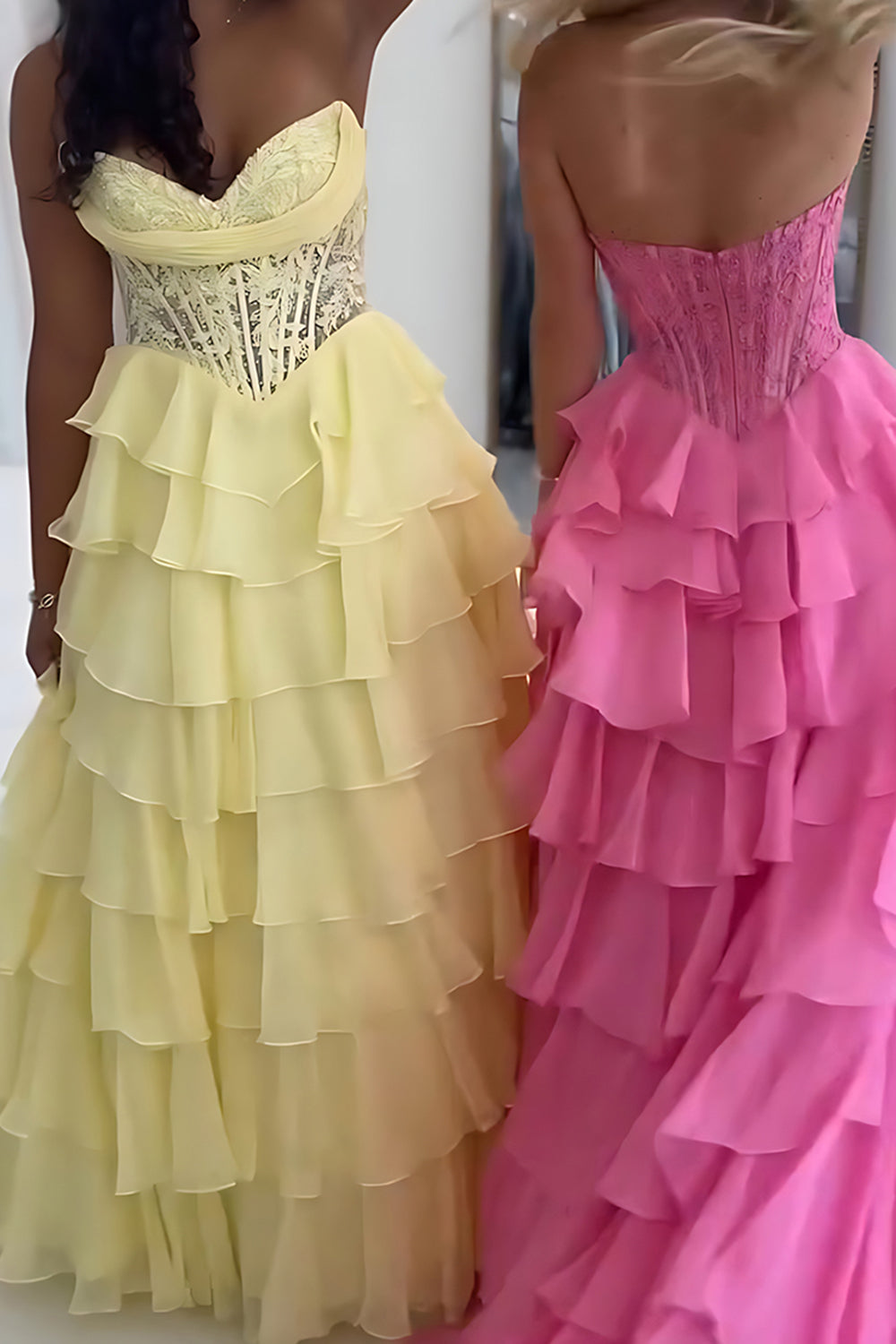 Sweetheart Sleeveless Lace Tiered Ruffle Chiffon A-Line Prom Dress Floor Length