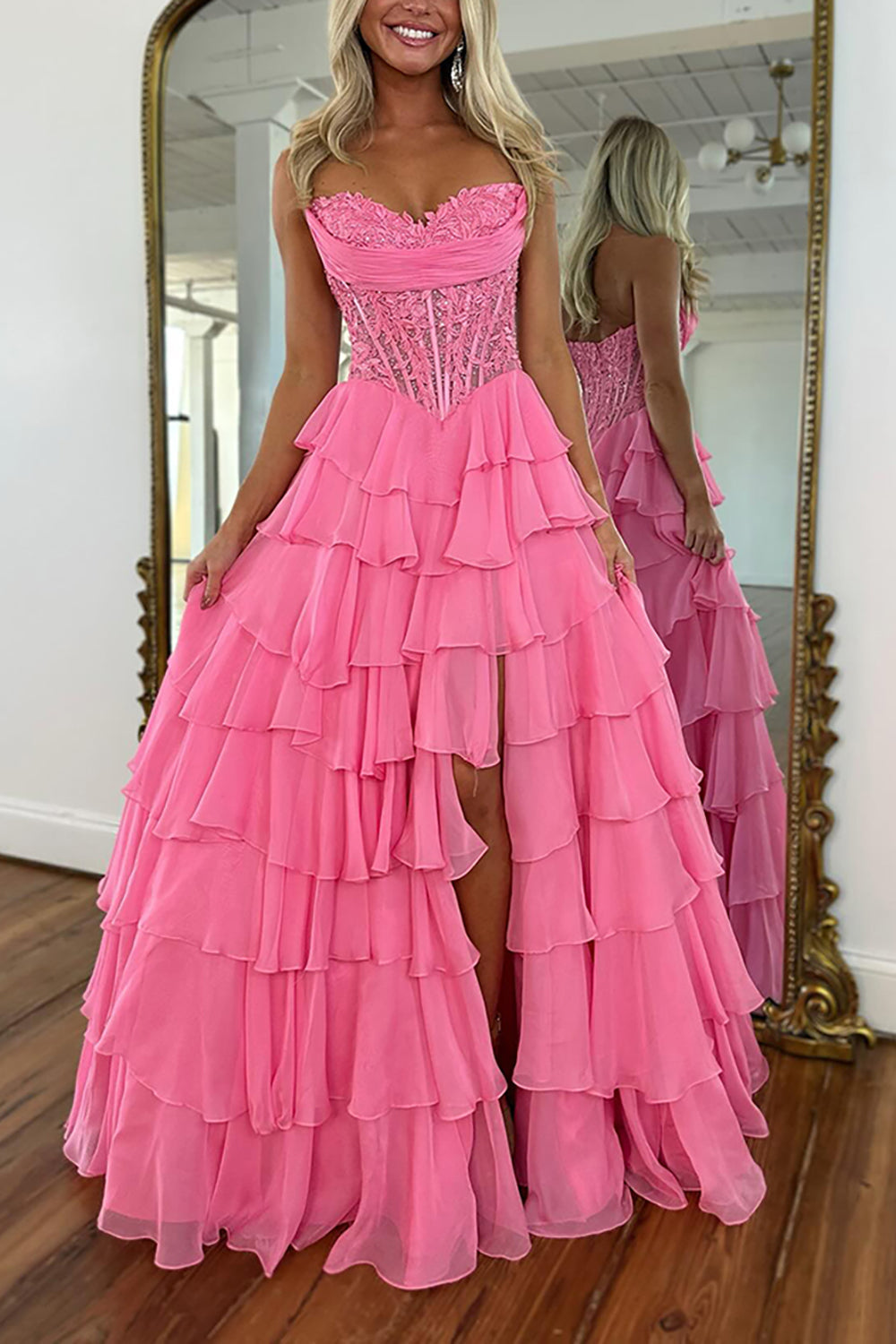 Sweetheart Sleeveless Lace Tiered Ruffle Chiffon A-Line Prom Dress Floor Length