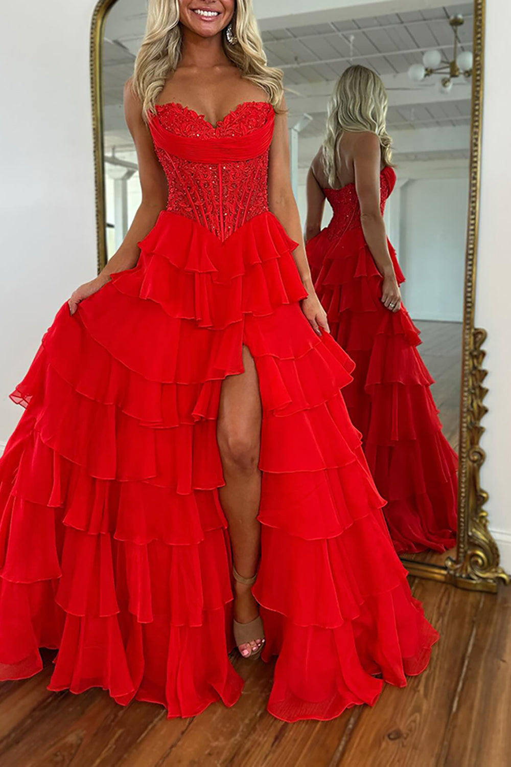 Sweetheart Sleeveless Lace Tiered Ruffle Chiffon A-Line Prom Dress Floor Length
