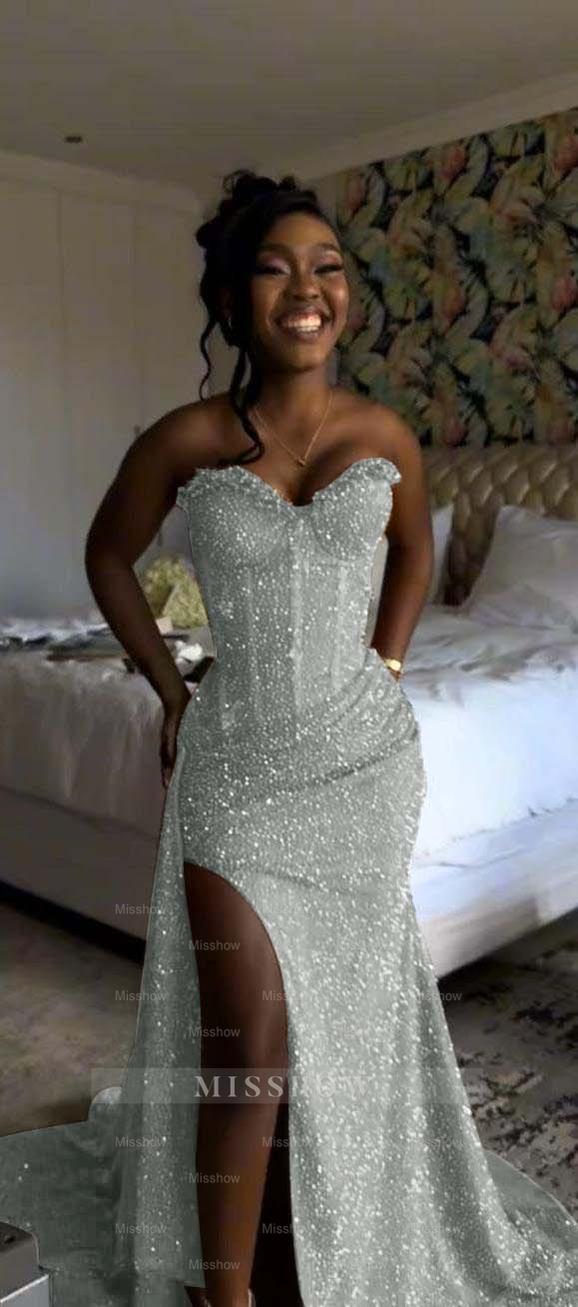 Sweetheart Sleeveless Long Mermaid Formal Dress With Split Sequin