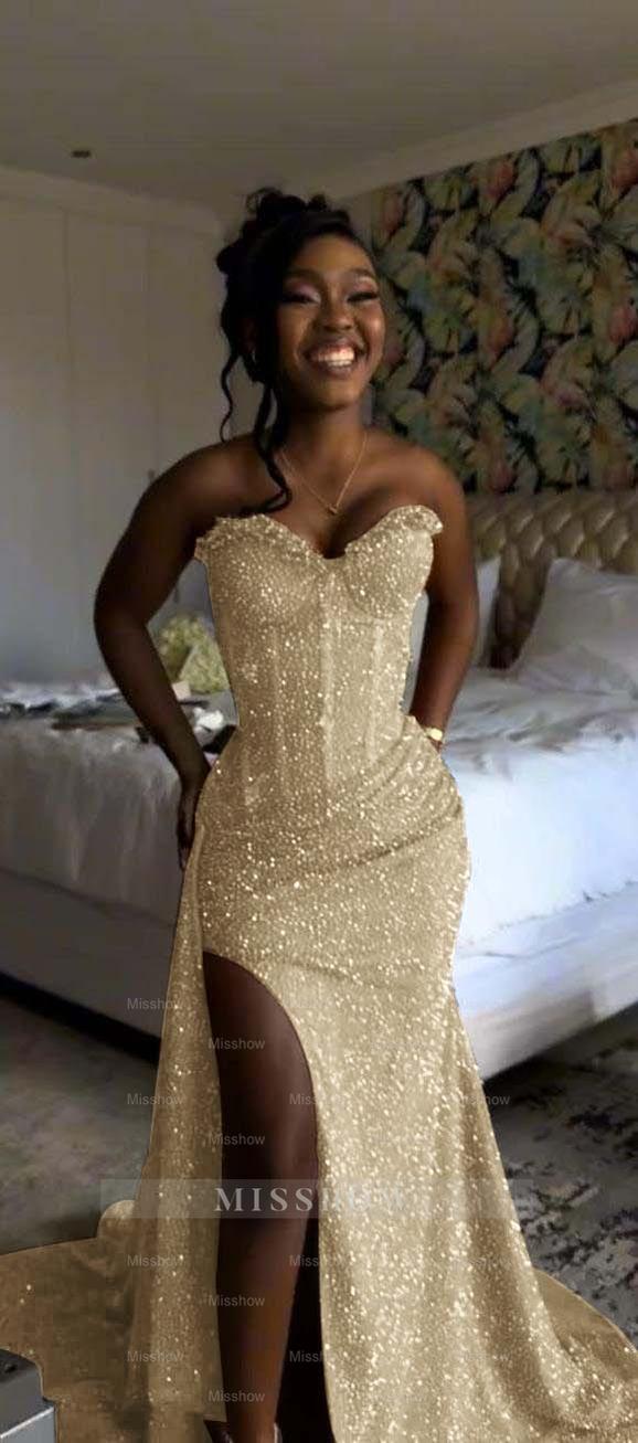 Sweetheart Sleeveless Long Mermaid Formal Dress With Split Sequin