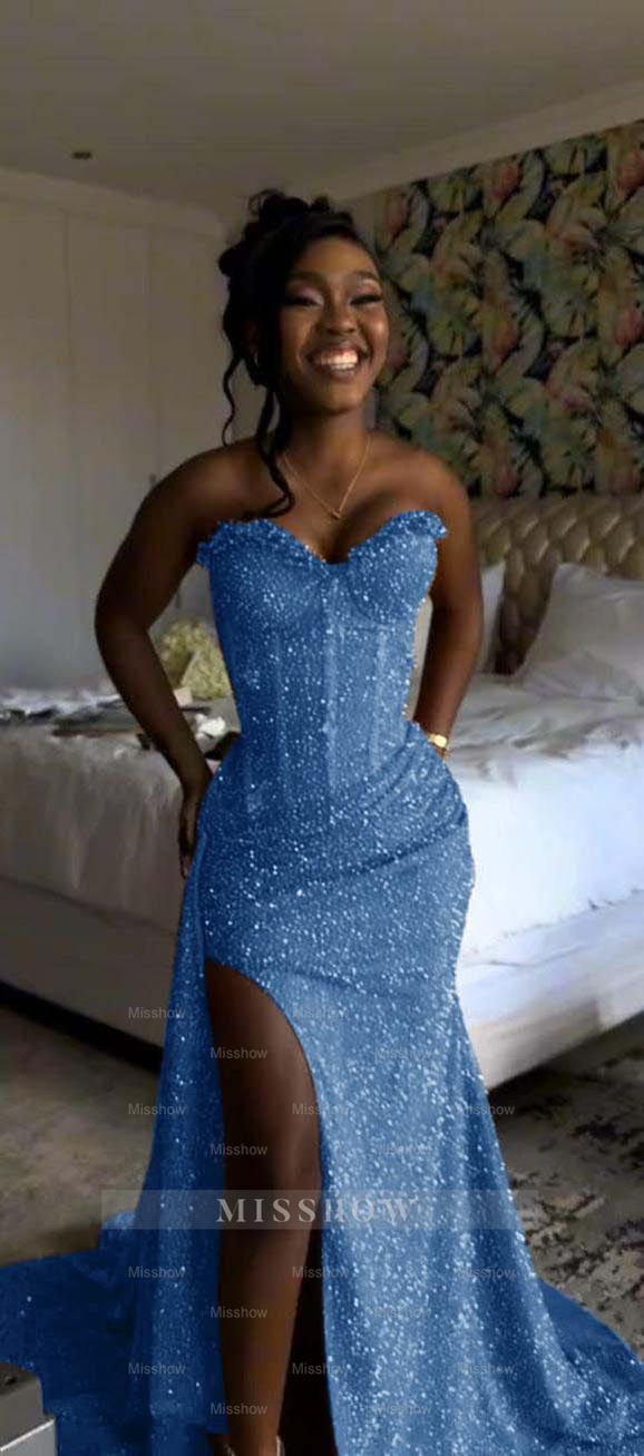 Sweetheart Sleeveless Long Mermaid Formal Dress With Split Sequin