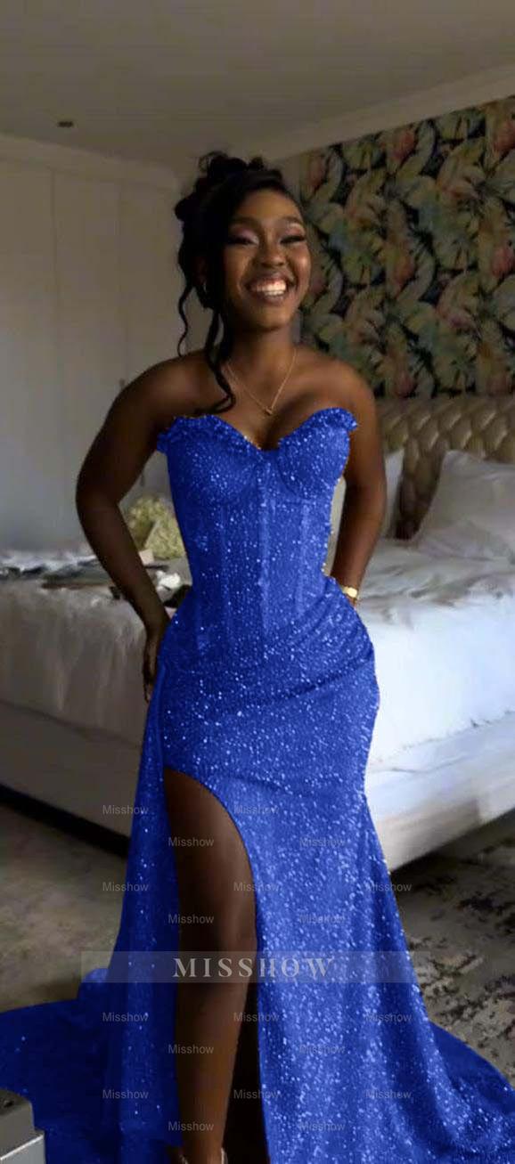 Sweetheart Sleeveless Long Mermaid Formal Dress With Split Sequin