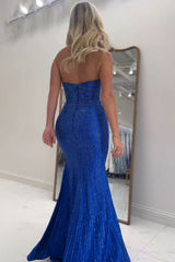Sweetheart Sleeveless Rhinestone Beading Cut-Out Sequin Mermaid Prom Dress Side Slit Sweep Train Floor Length