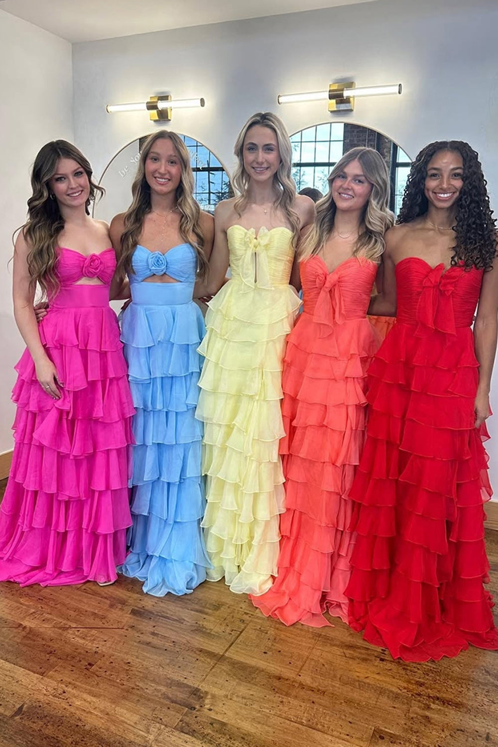 Sweetheart Sleeveless Tiered Ruffle Chiffon A-Line Prom Dress Side Slit Floor Length