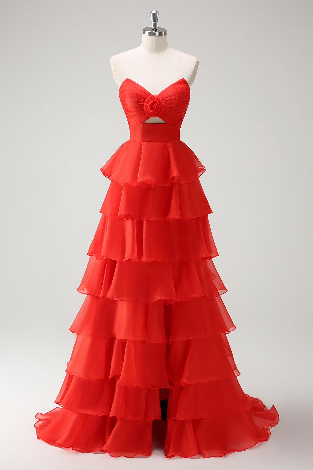 Sweetheart Sleeveless Tiered Ruffle Chiffon A-Line Prom Dress Side Slit Floor Length