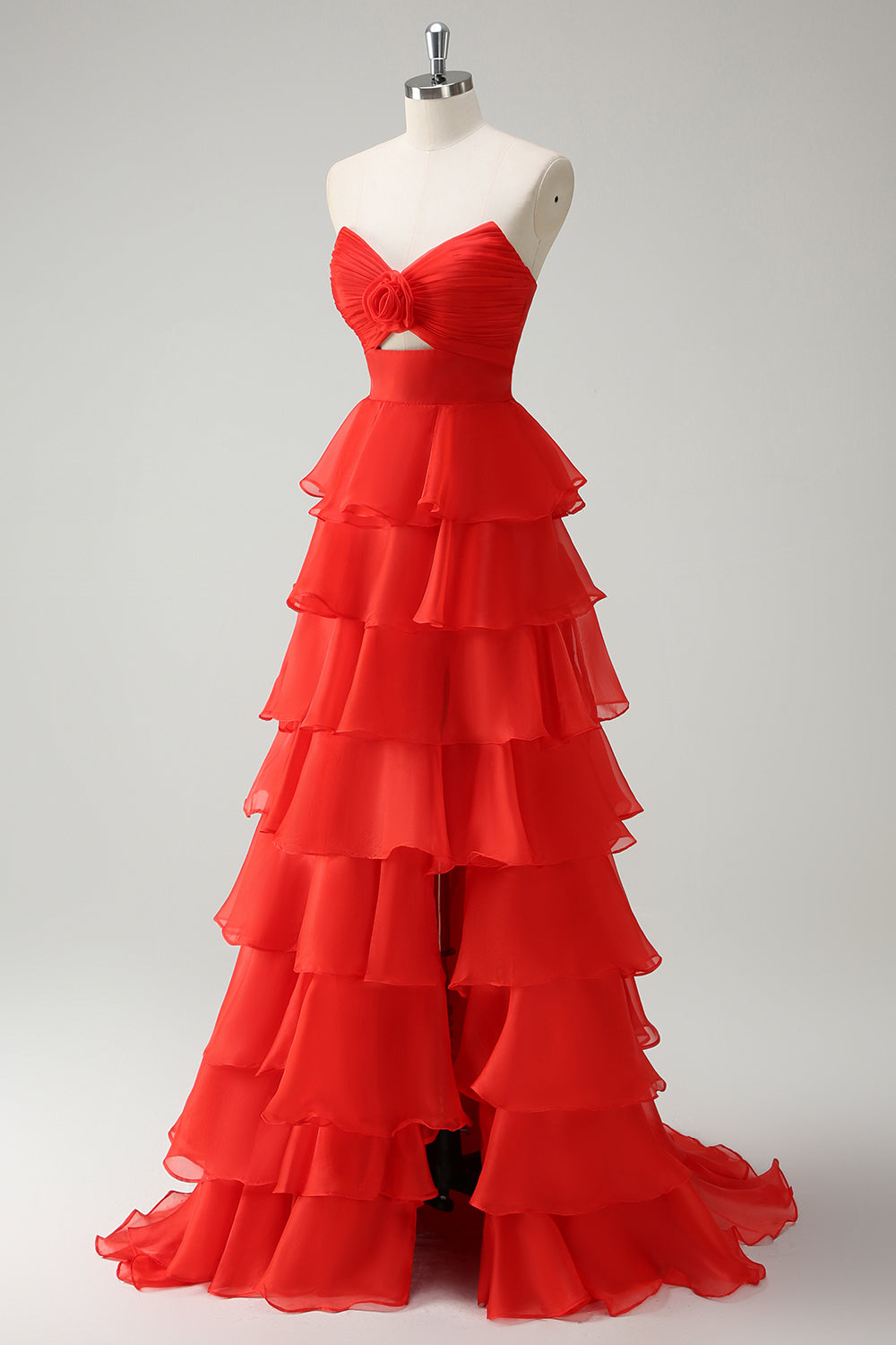 Sweetheart Sleeveless Tiered Ruffle Chiffon A-Line Prom Dress Side Slit Floor Length
