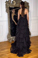 Sweetheart Sleeveless Tiered Ruffle Chiffon A-Line Prom Dress Side Slit Floor Length