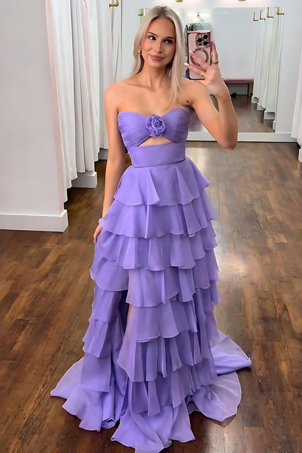 Sweetheart Sleeveless Tiered Ruffle Chiffon A-Line Prom Dress Side Slit Floor Length