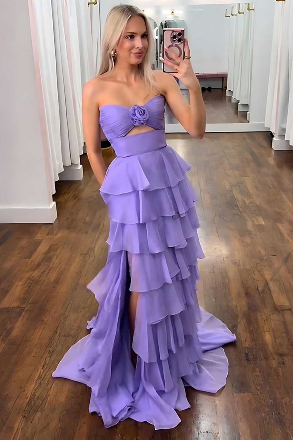 Sweetheart Sleeveless Tiered Ruffle Chiffon A-Line Prom Dress Side Slit Floor Length
