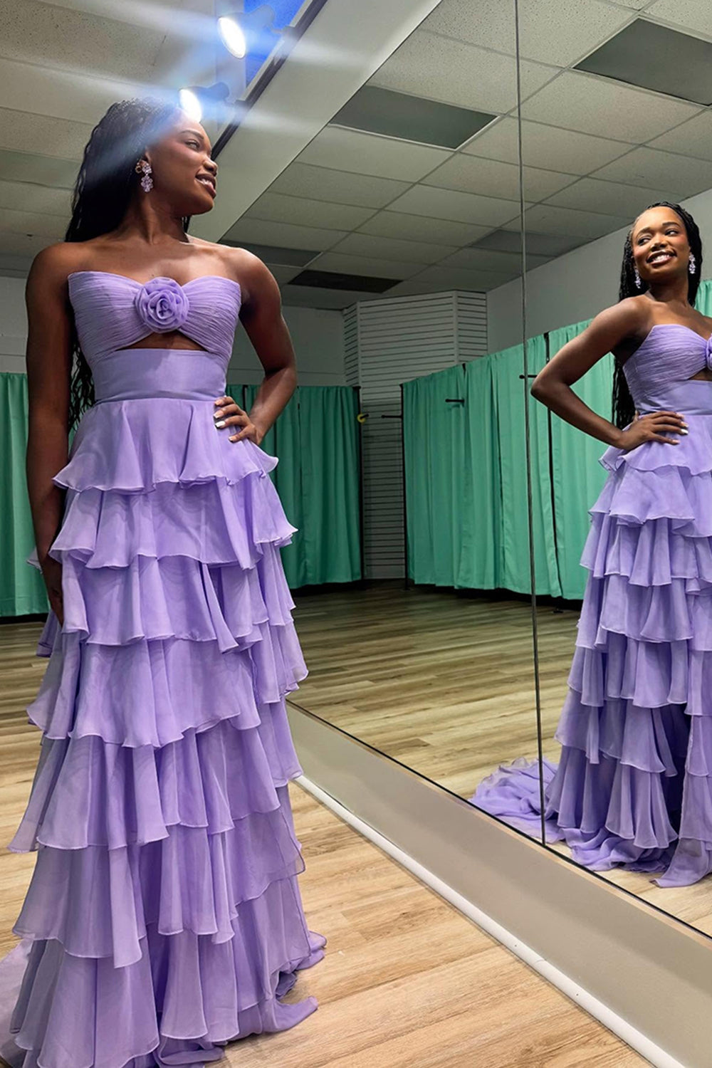 Sweetheart Sleeveless Tiered Ruffle Chiffon A-Line Prom Dress Side Slit Floor Length