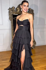 Sweetheart Sleeveless Tiered Ruffle Chiffon A-Line Prom Dress Side Slit Floor Length