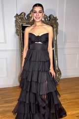 Sweetheart Sleeveless Tiered Ruffle Chiffon A-Line Prom Dress Side Slit Floor Length