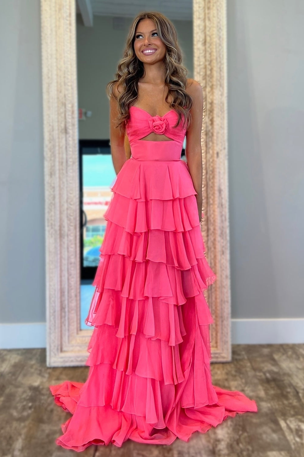 Sweetheart Sleeveless Tiered Ruffle Chiffon A-Line Prom Dress Side Slit Floor Length