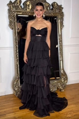Sweetheart Sleeveless Tiered Ruffle Chiffon A-Line Prom Dress Side Slit Floor Length