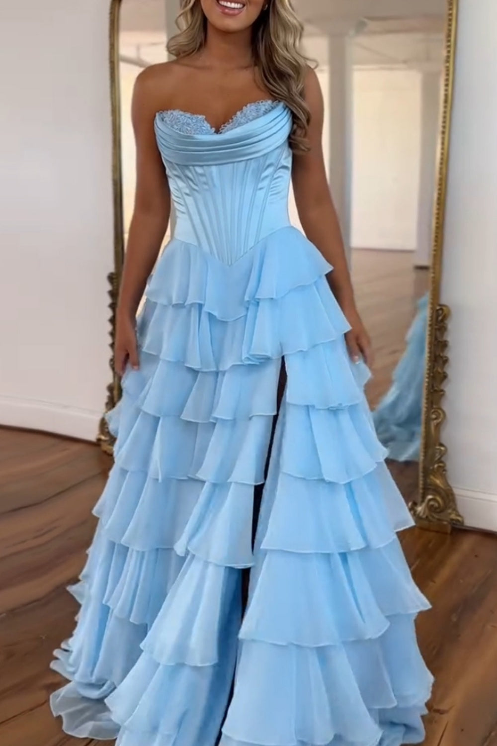 Sweetheart Sleeveless Tiered Ruffle Chiffon A-Line Prom Dress Side Slit Lace-Up Back Floor Length
