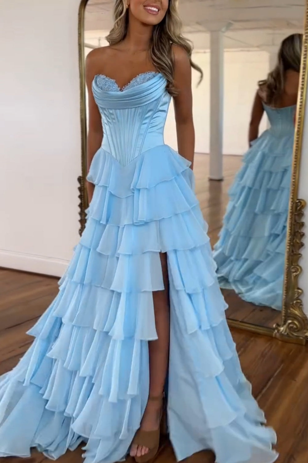 Sweetheart Sleeveless Tiered Ruffle Chiffon A-Line Prom Dress Side Slit Lace-Up Back Floor Length