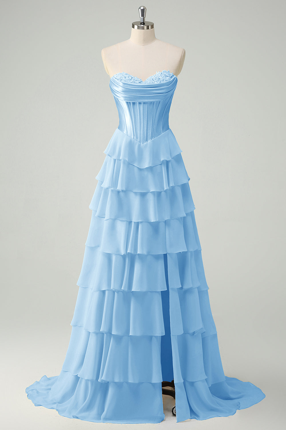 Sweetheart Sleeveless Tiered Ruffle Chiffon A-Line Prom Dress Side Slit Lace-Up Back Floor Length
