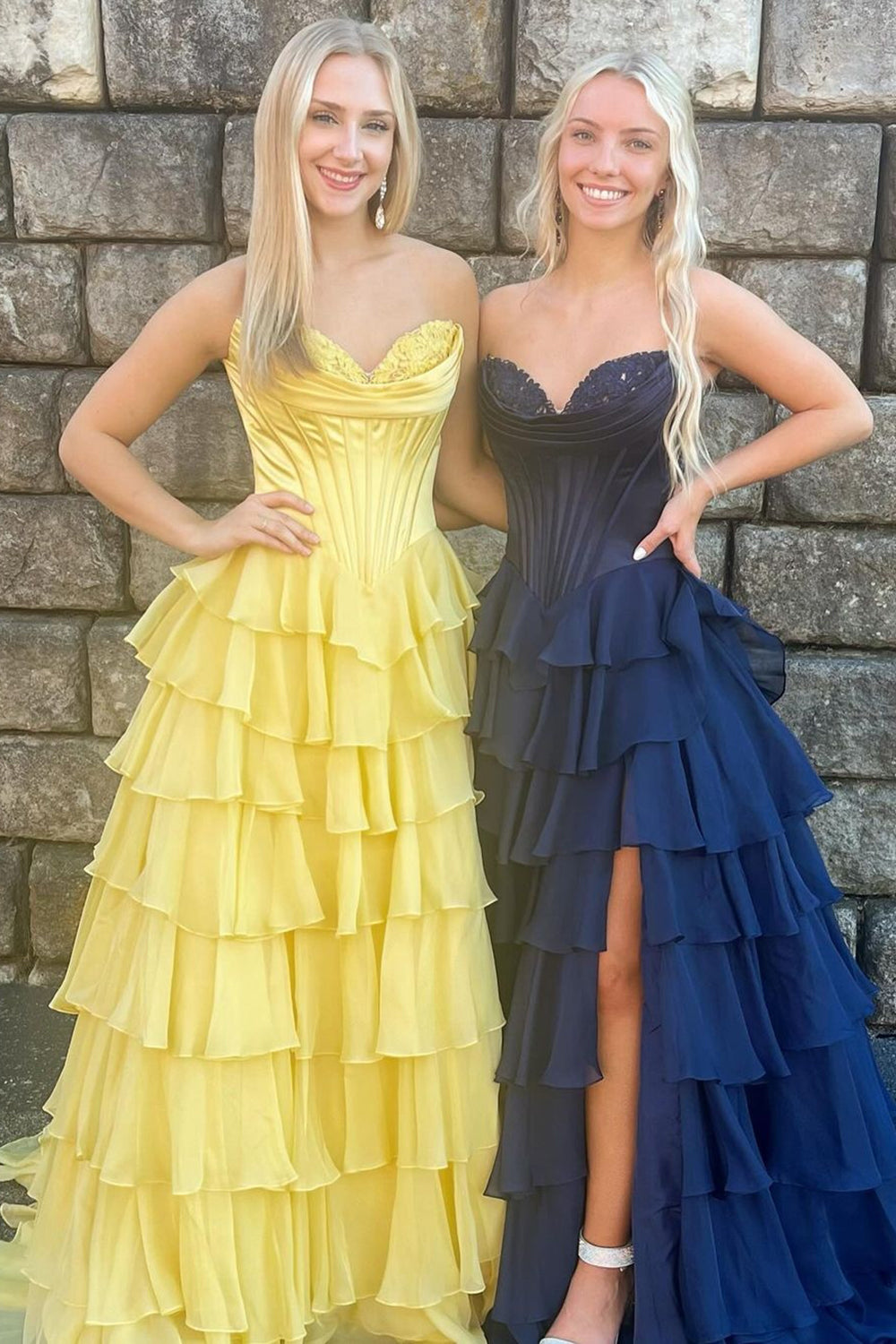 Sweetheart Sleeveless Tiered Ruffle Chiffon A-Line Prom Dress Side Slit Lace-Up Back Floor Length