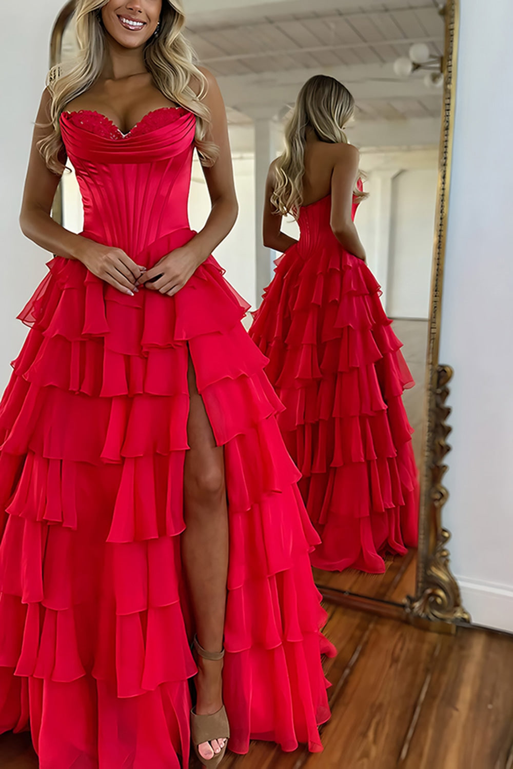 Sweetheart Sleeveless Tiered Ruffle Chiffon A-Line Prom Dress Side Slit Lace-Up Back Floor Length