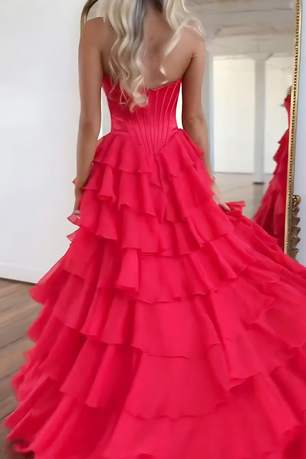 Sweetheart Sleeveless Tiered Ruffle Chiffon A-Line Prom Dress Side Slit Lace-Up Back Floor Length