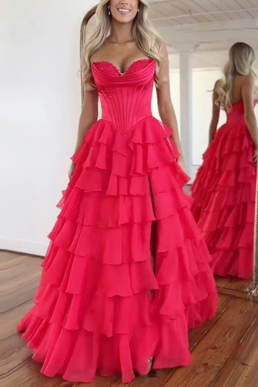 Sweetheart Sleeveless Tiered Ruffle Chiffon A-Line Prom Dress Side Slit Lace-Up Back Floor Length