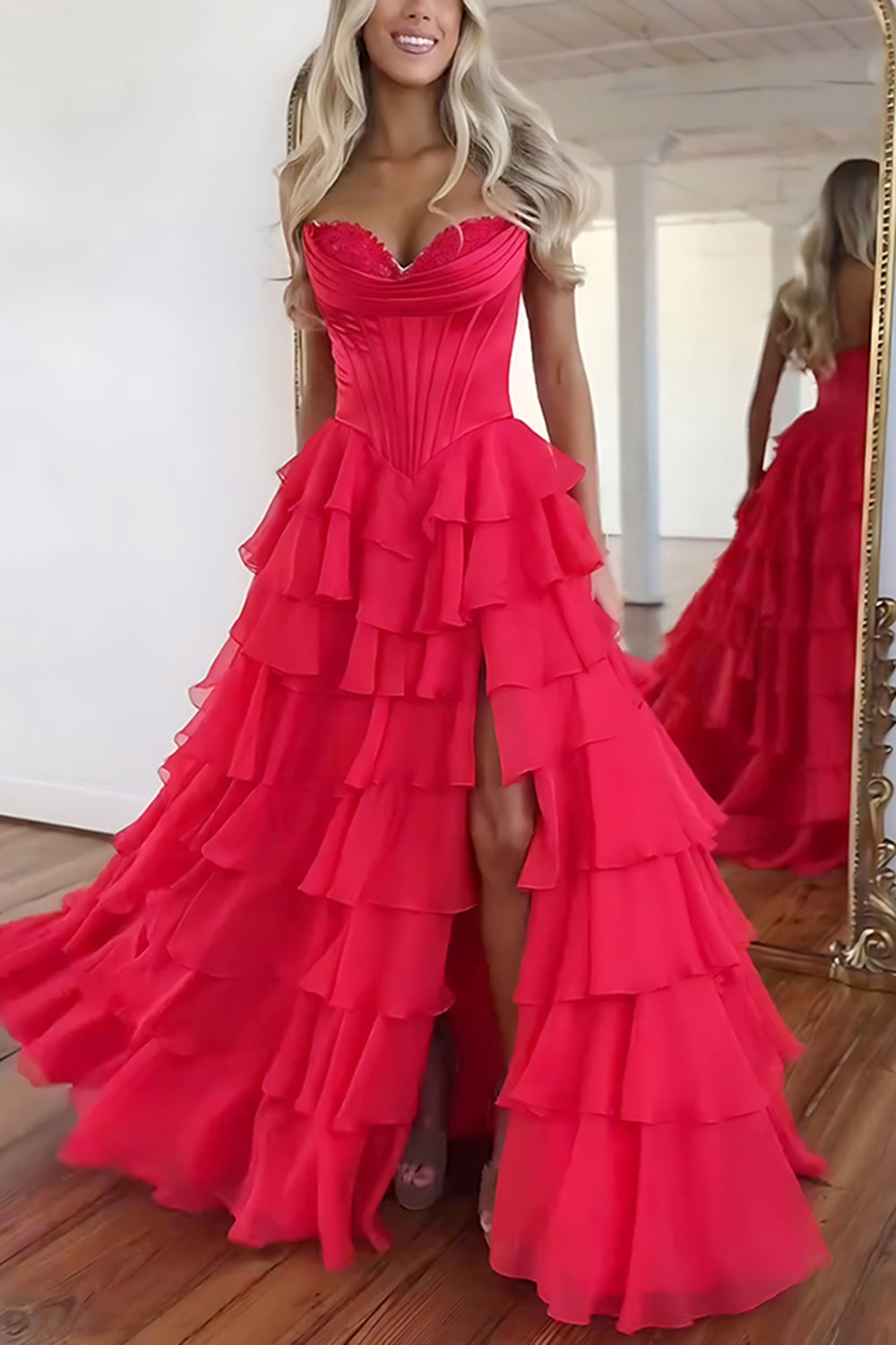 Sweetheart Sleeveless Tiered Ruffle Chiffon A-Line Prom Dress Side Slit Lace-Up Back Floor Length