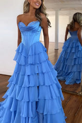 Sweetheart Sleeveless Tiered Ruffle Chiffon A-Line Prom Dress Side Slit Lace-Up Back Floor Length