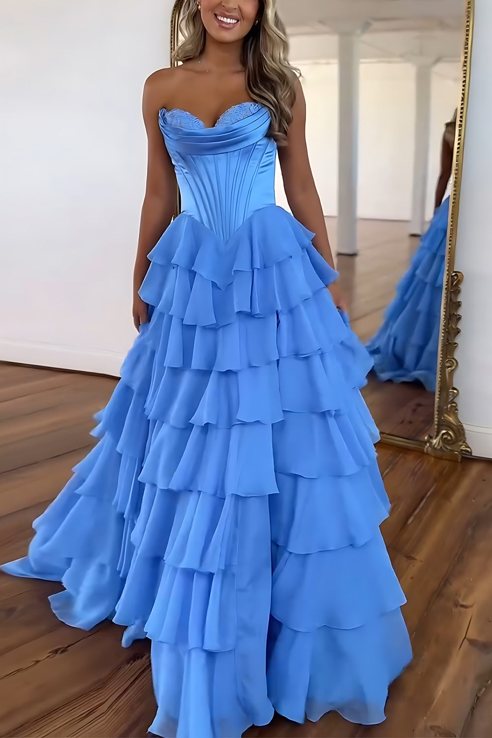 Sweetheart Sleeveless Tiered Ruffle Chiffon A-Line Prom Dress Side Slit Lace-Up Back Floor Length