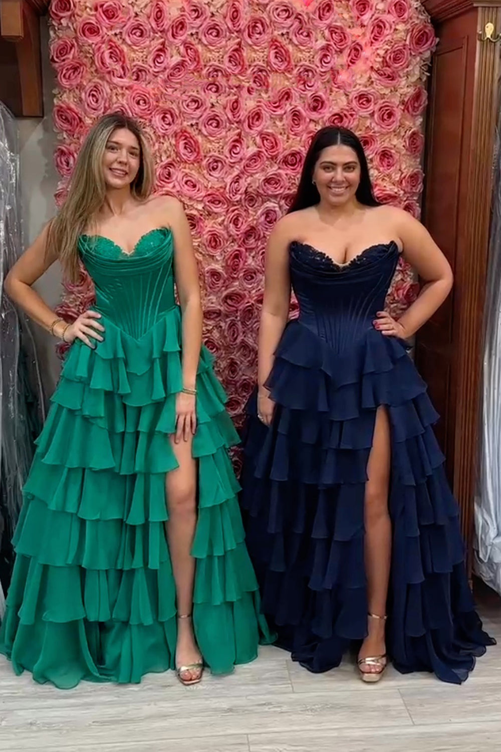 Sweetheart Sleeveless Tiered Ruffle Chiffon A-Line Prom Dress Side Slit Lace-Up Back Floor Length