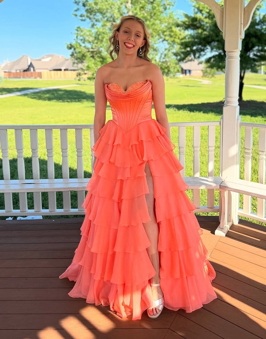 Sweetheart Sleeveless Tiered Ruffle Chiffon A-Line Prom Dress Side Slit Lace-Up Back Floor Length