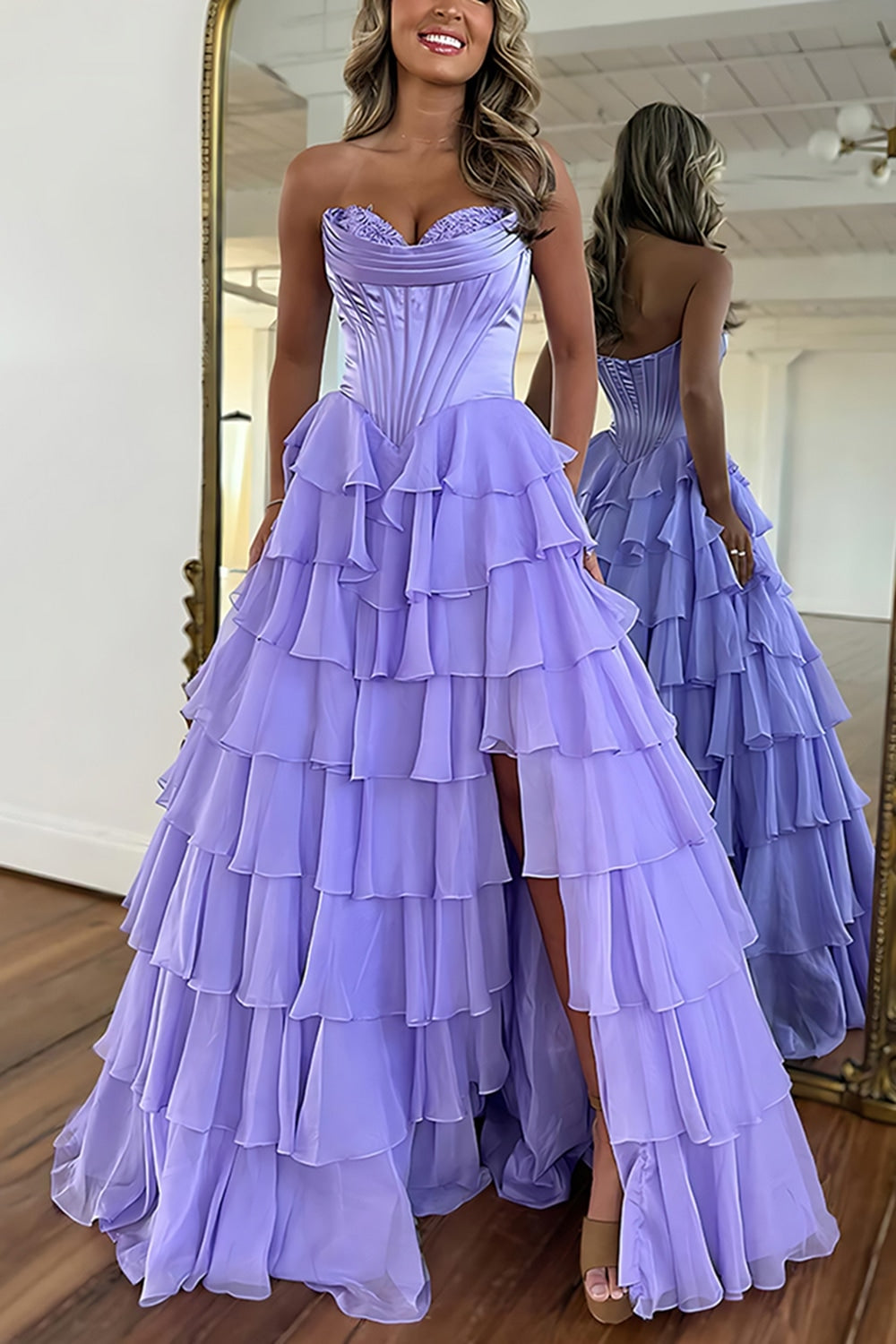 Sweetheart Sleeveless Tiered Ruffle Chiffon A-Line Prom Dress Side Slit Lace-Up Back Floor Length