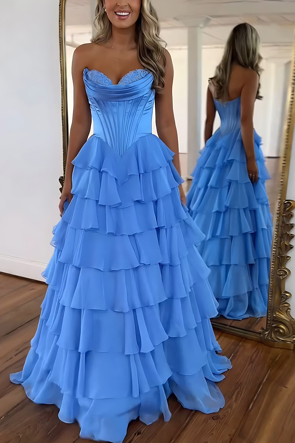 Sweetheart Sleeveless Tiered Ruffle Chiffon A-Line Prom Dress Side Slit Lace-Up Back Floor Length
