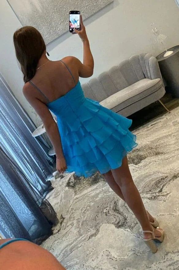 Sweetheart Spaghetti Strap Bow Waist Ruched Tiered Ruffle A-Line Homecoming Dress Open Back Mini