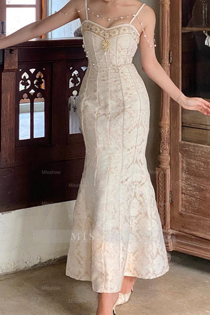 Sweetheart Spaghetti Strap Embroidery Champagne Pearl Mermaid Formal Dress