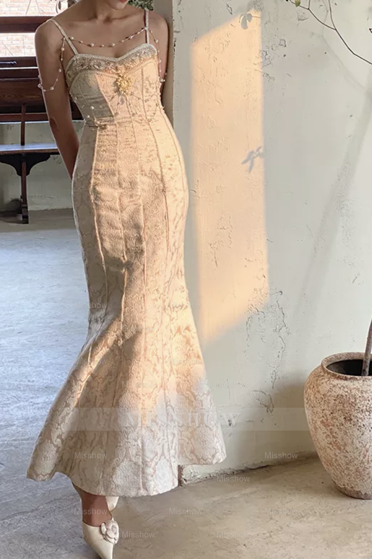 Sweetheart Spaghetti Strap Embroidery Champagne Pearl Mermaid Formal Dress