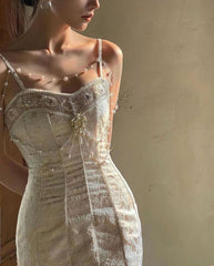 Sweetheart Spaghetti Strap Embroidery Champagne Pearl Mermaid Formal Dress