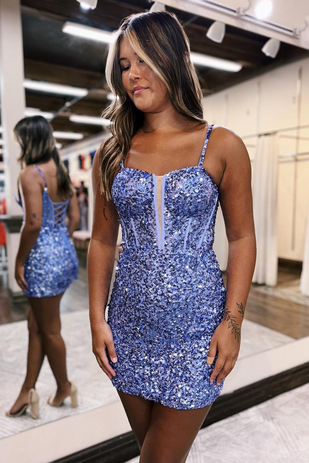 Sweetheart Spaghetti Straps All-Over Rhinestone Satin Corset Bodycon Homecoming Dress Mini