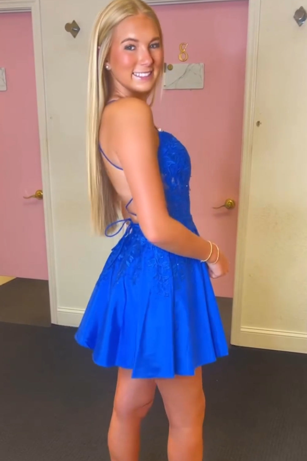Royal blue sweetheart applique A-line homecoming dress