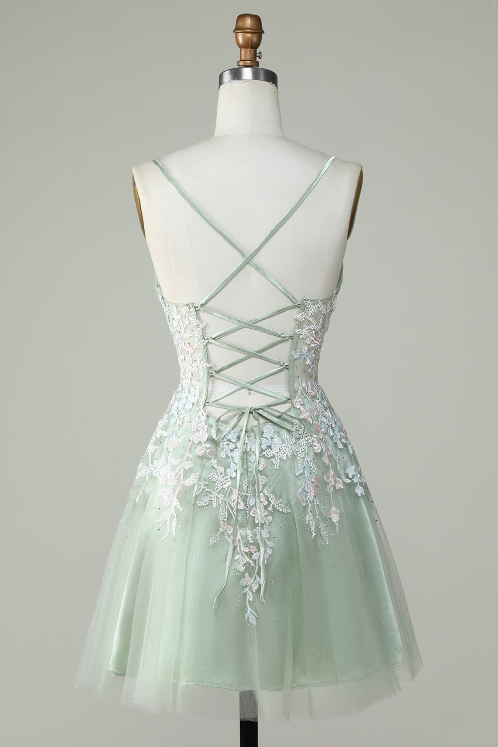 Sweetheart Spaghetti Straps Iridescent Floral Lace Applique Tulle Corset Lace-Up Open Back Flared A-Line Short Homecoming Dress