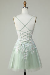Sweetheart Spaghetti Straps Iridescent Floral Lace Applique Tulle Corset Lace-Up Open Back Flared A-Line Short Homecoming Dress
